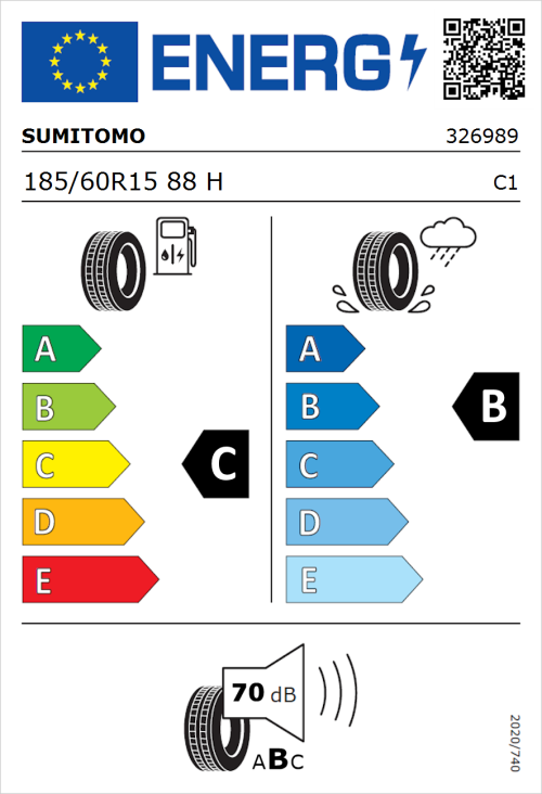 Tyre Label for Sumitomo BC100 185/60R15 88H